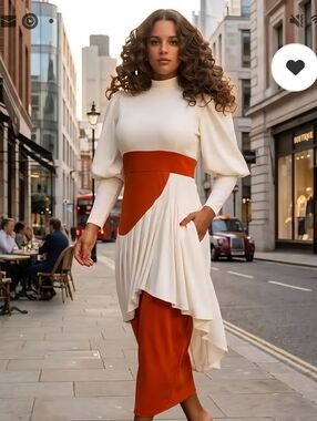 Elegant Cream and Rust Asymmetric Pleated Midi Dress